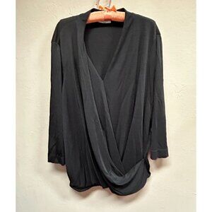 MM Lafleur Womens Size +1 Black 3/4 Sleeve Faux Wrap Deneuve Top Blouse Casual